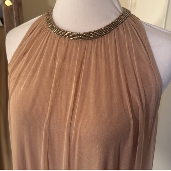 Mac Duggal Asymmetrical Beige Dress with Blue Accents - Picture 4 of 4